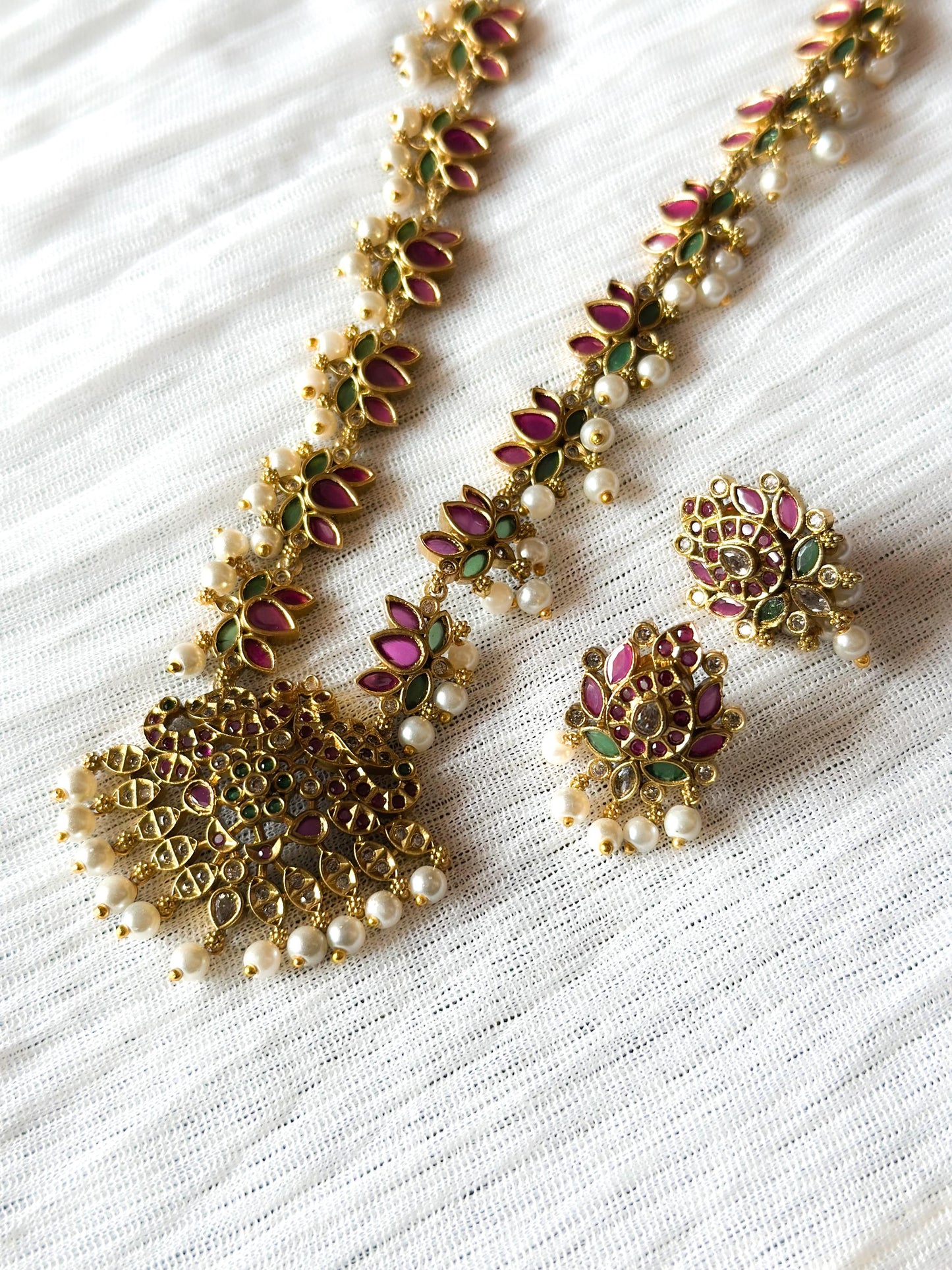 Lotus Motif Necklace & Earrings Set | Pearl Detailing | Traditional Jewellery