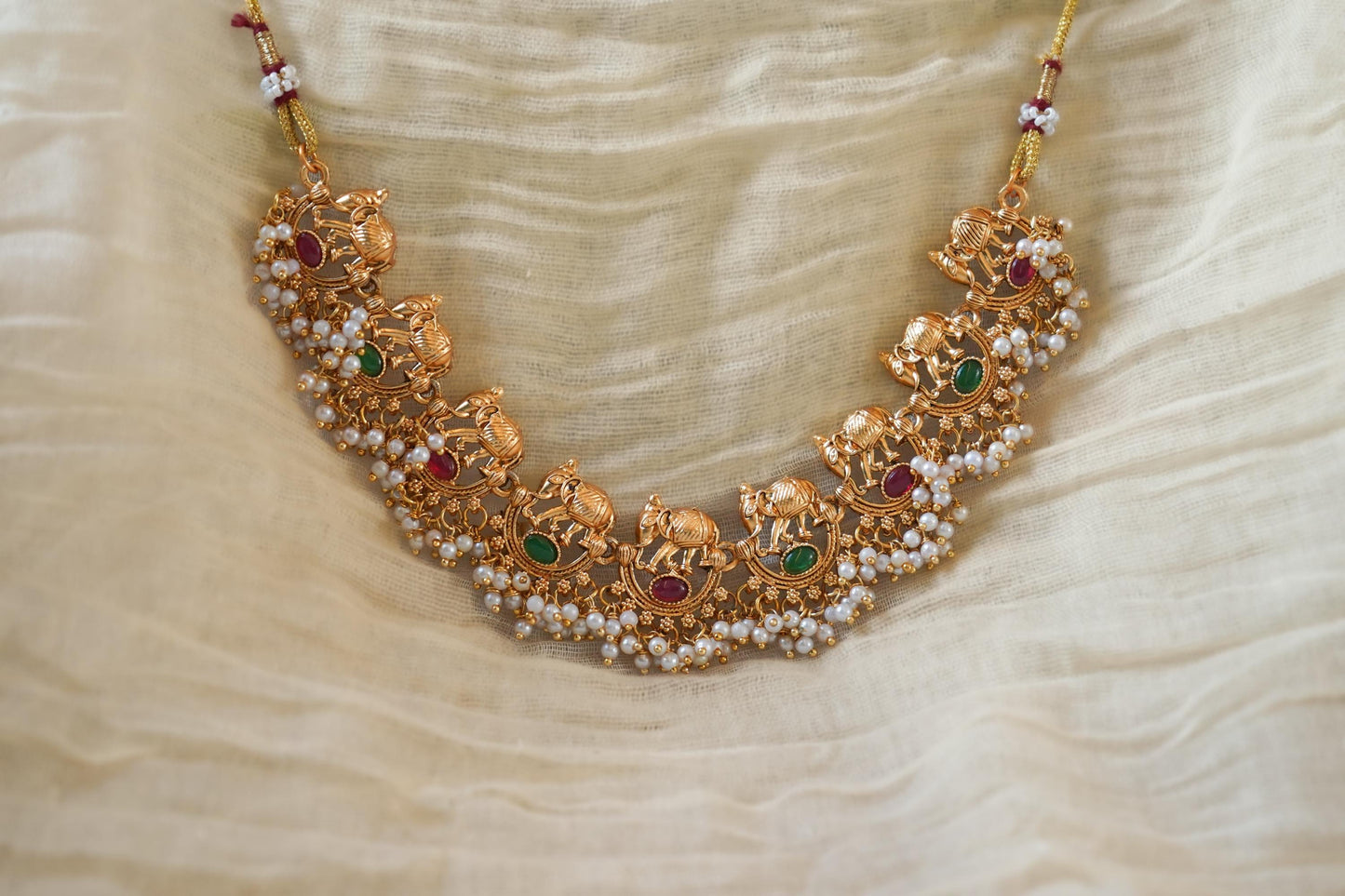 Temple Necklace and Earrings set, Traditional Indian Jewellery | Elephant jewellery multi-stone choker set