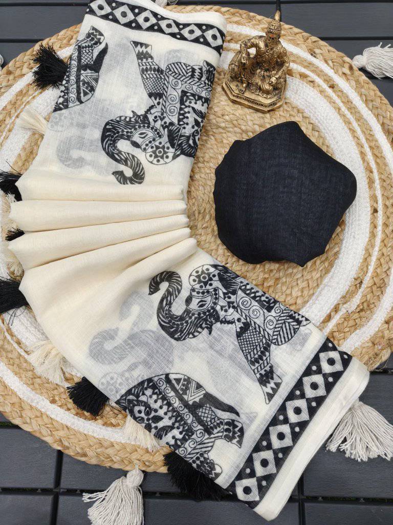White & Black Linen Saree with Elephant Motifs