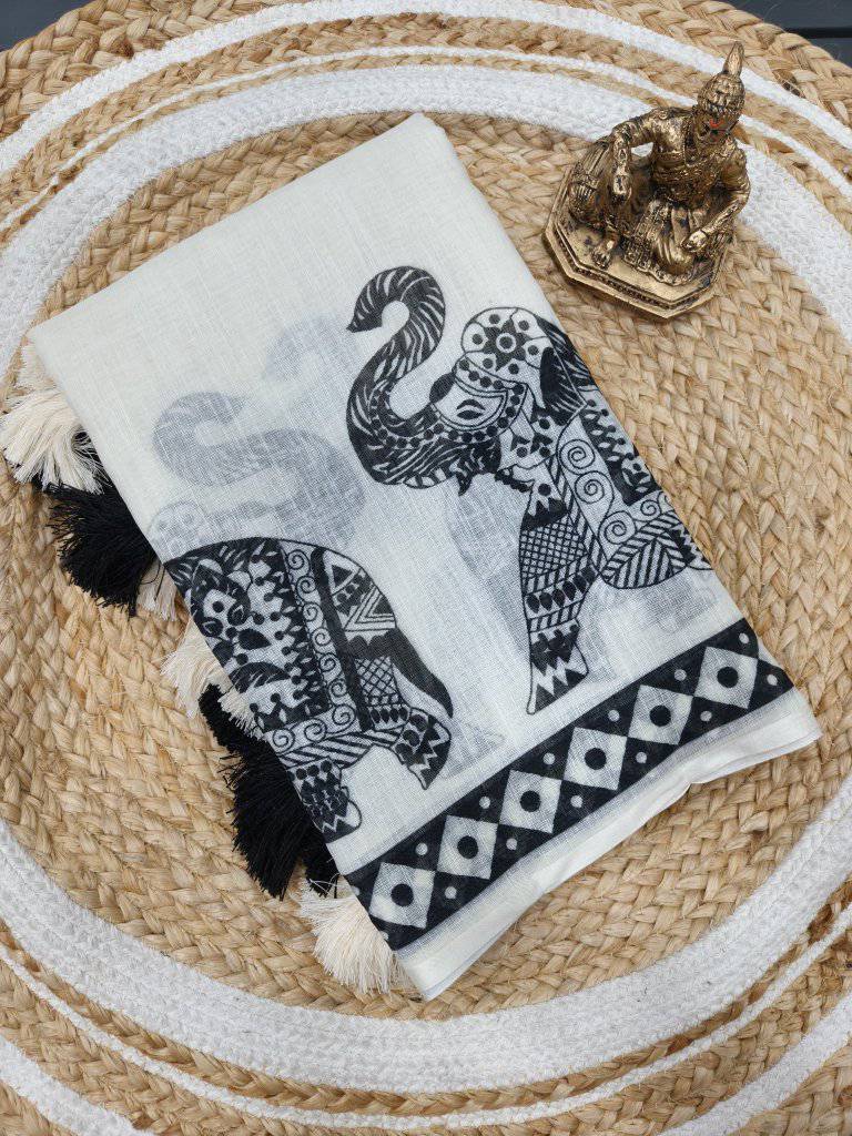 White & Black Linen Saree with Elephant Motifs