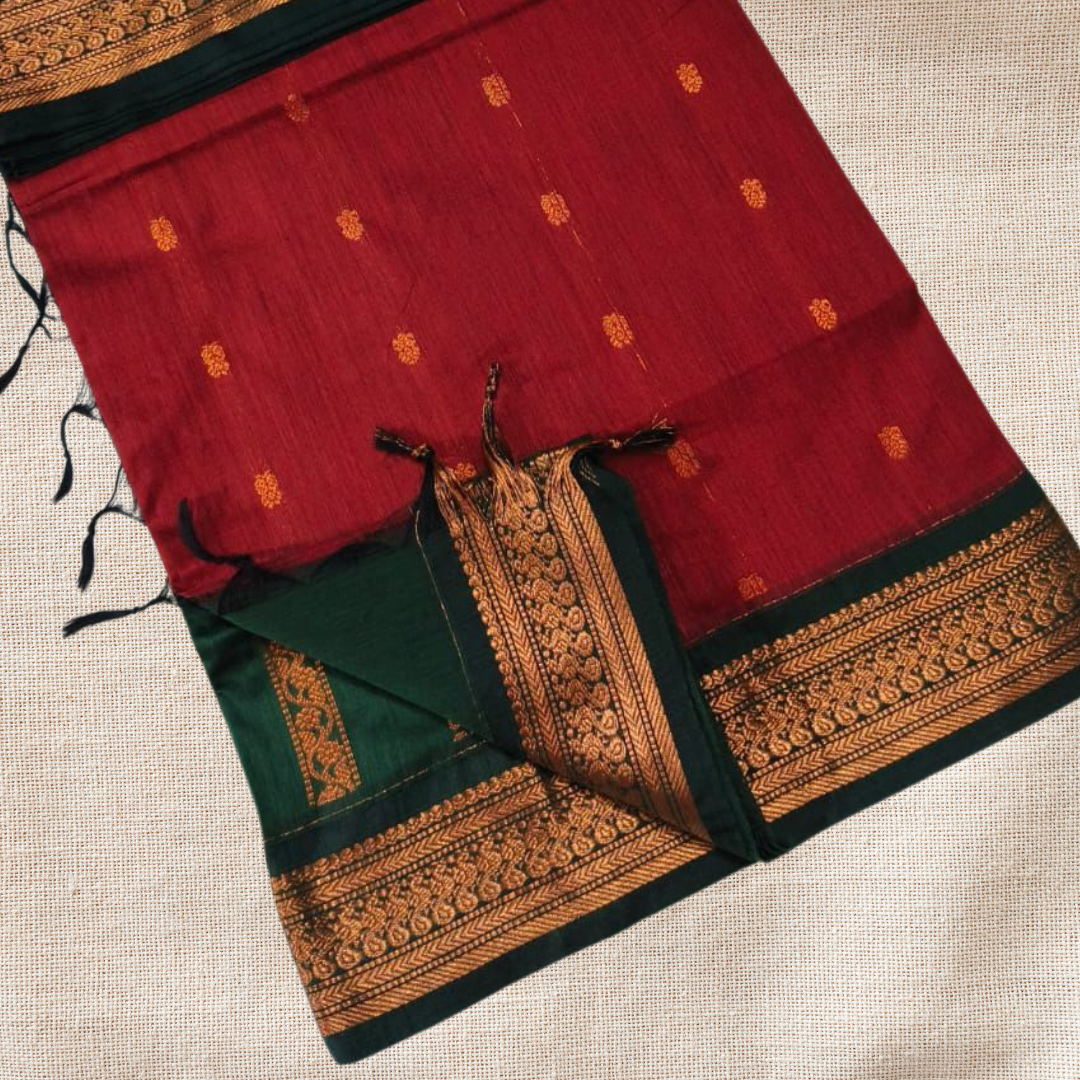 Premium Silk Cotton Saree – Contrast Pallu & Blouse | House of Kiraa, Red & Green