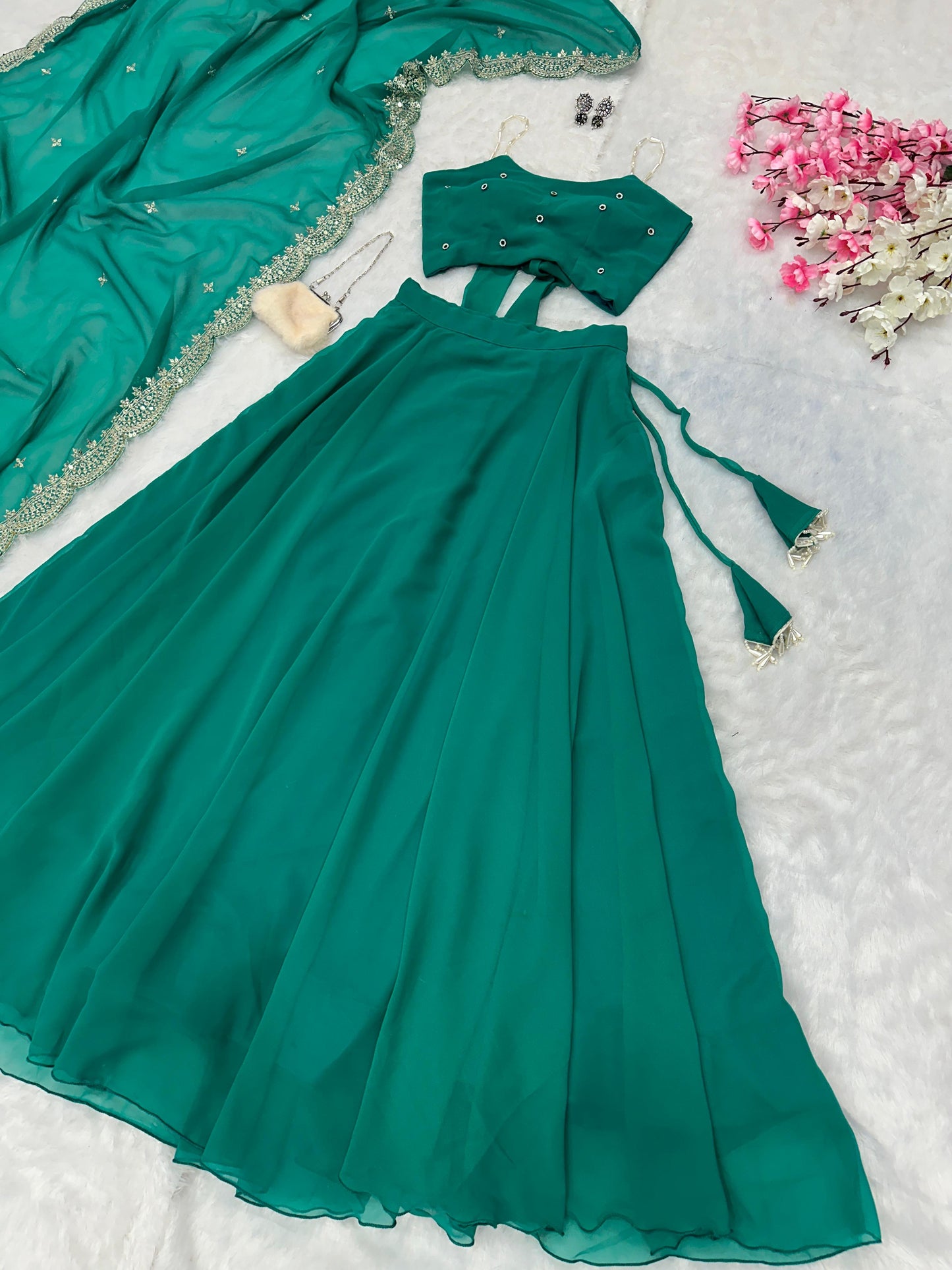 Georgette Lehenga Set with Pearl straps & silver embellishment