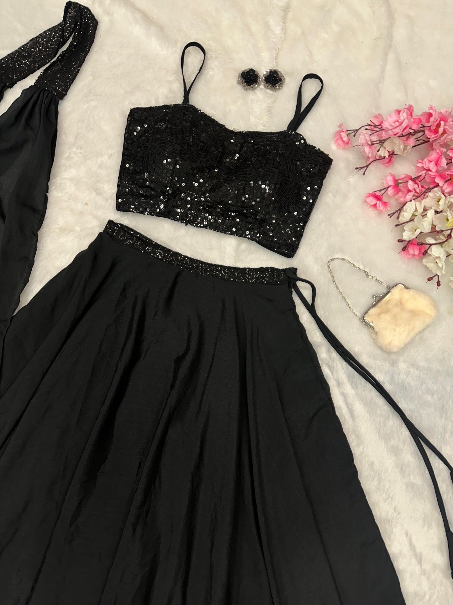 Elegant Black Sequin Party Lehenga Set | Fully Stitched | Padded Blouse