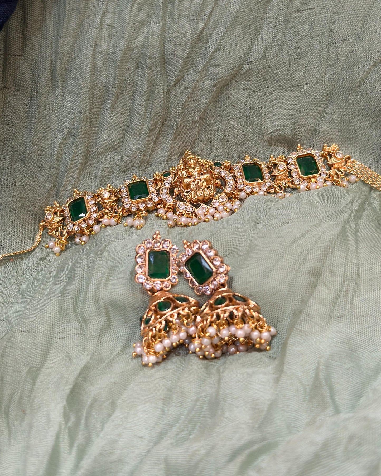Lakshmi Goddess Choker Set with Green Stones and Pearl Detailing – Traditional South Indian Jewellery