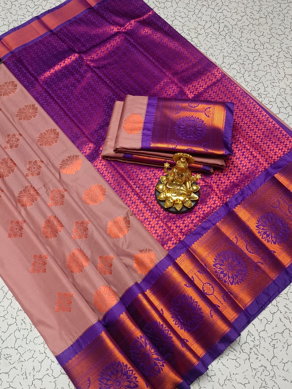 Dharmavaram Korvai Silk Saree – Dusky pink with purple border