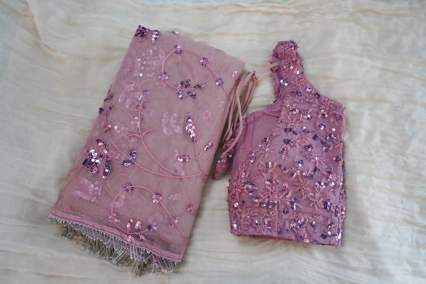 Dusty Mauve Sequin Embroidered Net Saree with Stitched Blouse – Lightweight Partywear Saree Set
