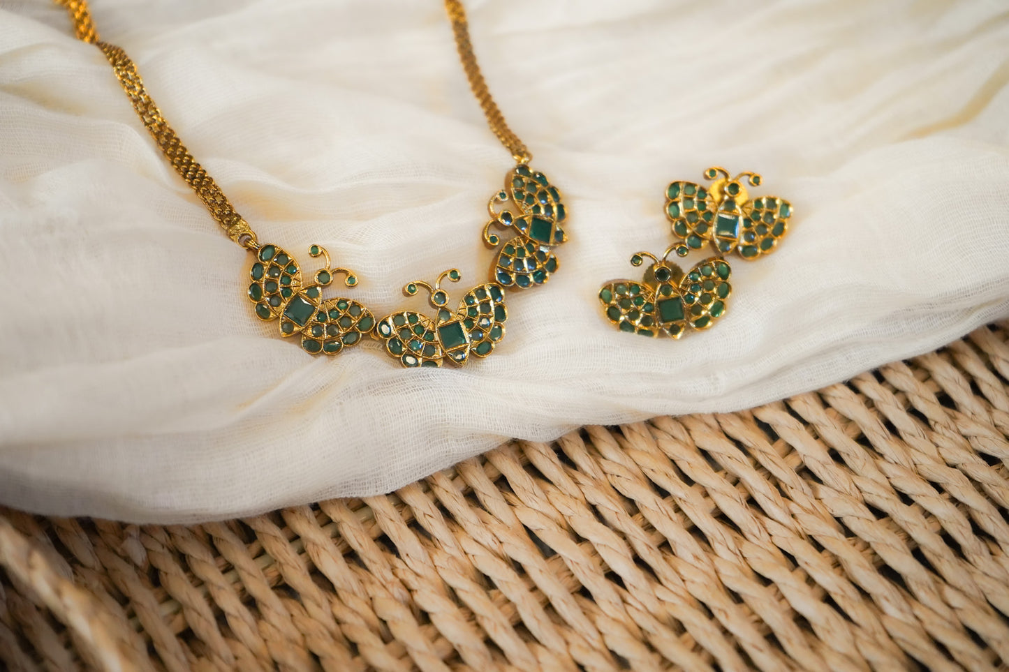 Butterfly Emerald-style South Indian Necklace & Earrings | Premium Gold-Plated Set