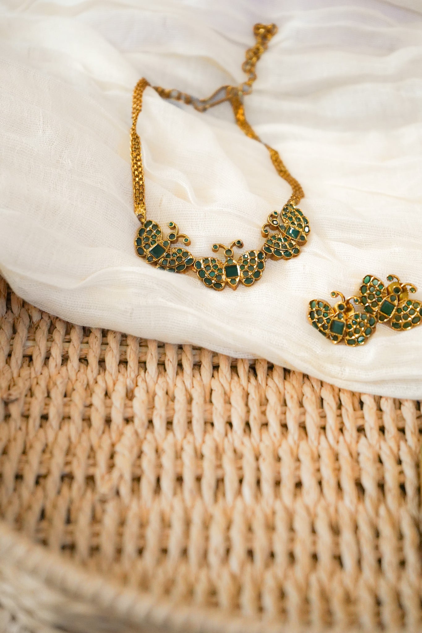Butterfly Emerald-style South Indian Necklace & Earrings | Premium Gold-Plated Set