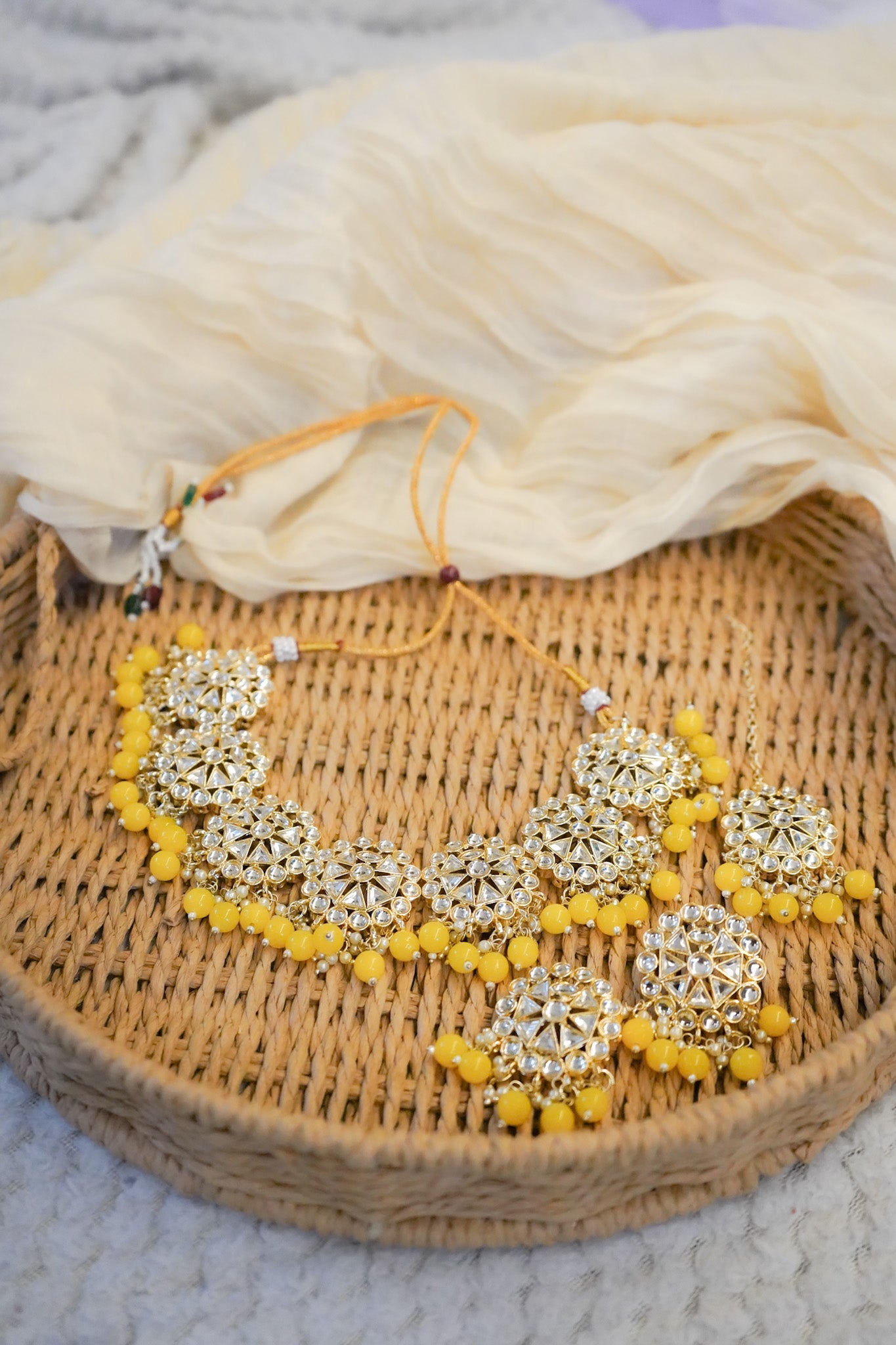 Yellow Beaded Kundan Necklace Set | Statement Indian Jewellery, Choker set