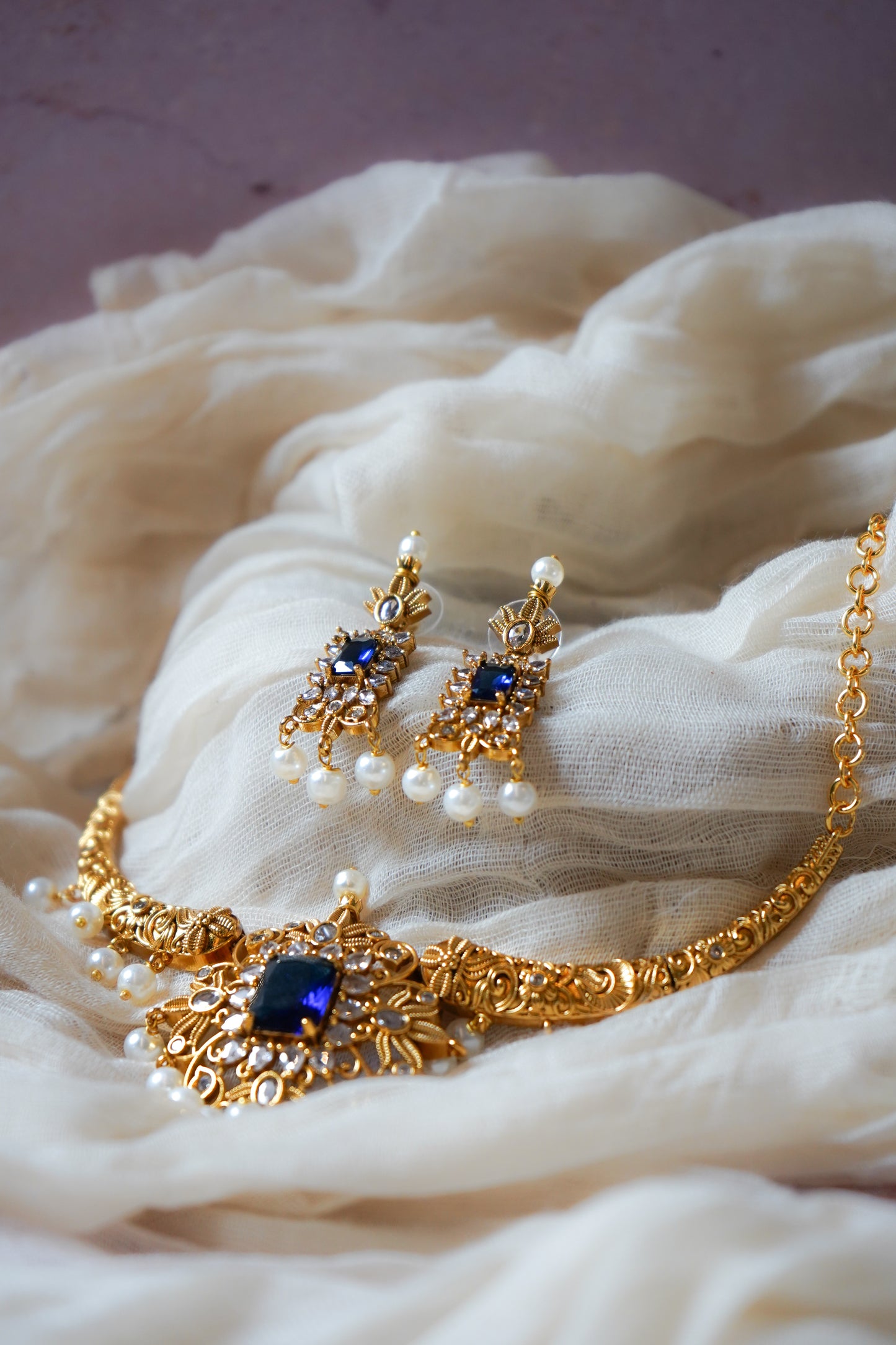 Gold-Plated Kundan Jewellery Set with Blue Stone & Pearls | Necklace and Earring