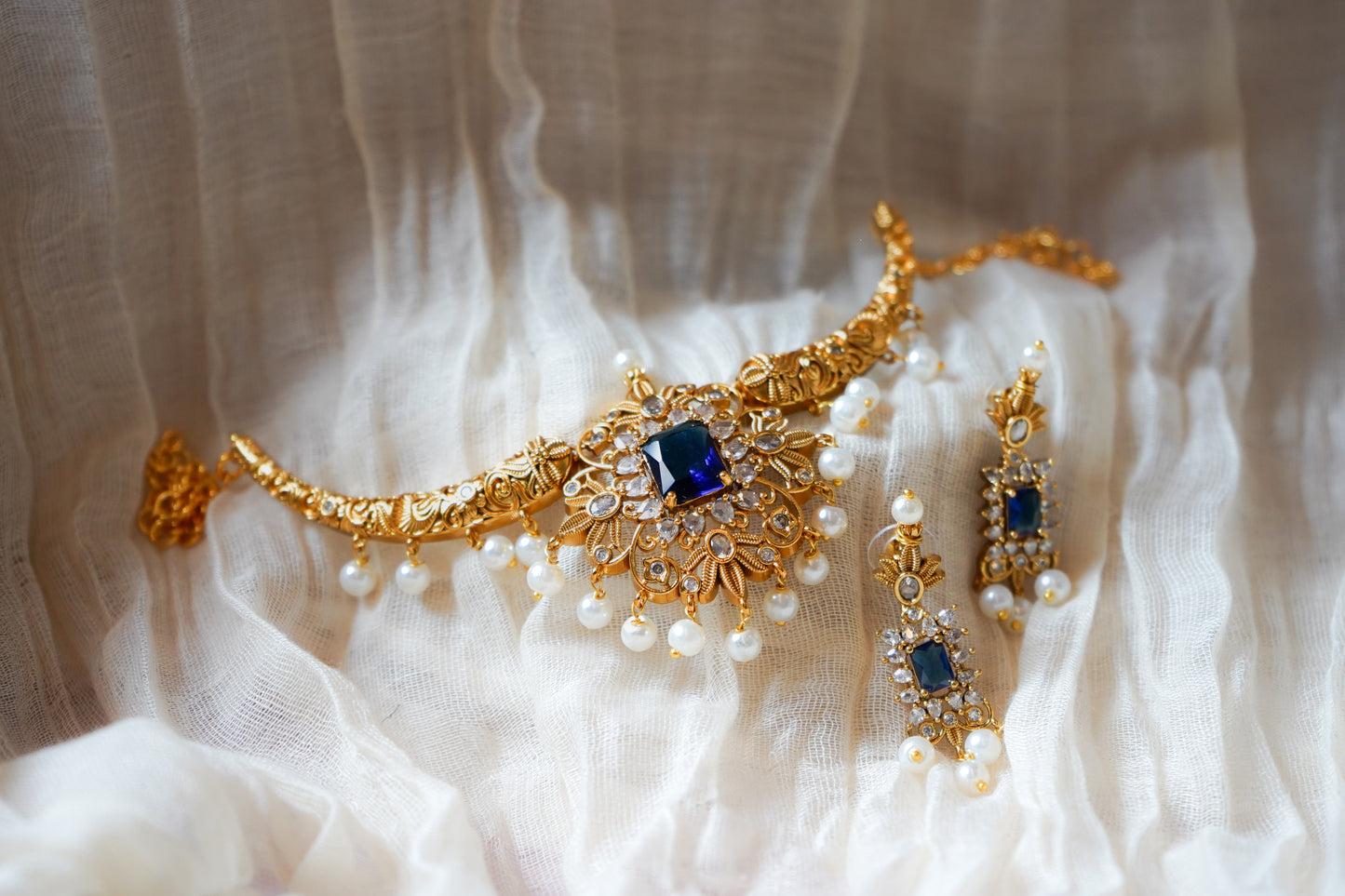 Gold-Plated Kundan Jewellery Set with Blue Stone & Pearls | Necklace and Earring