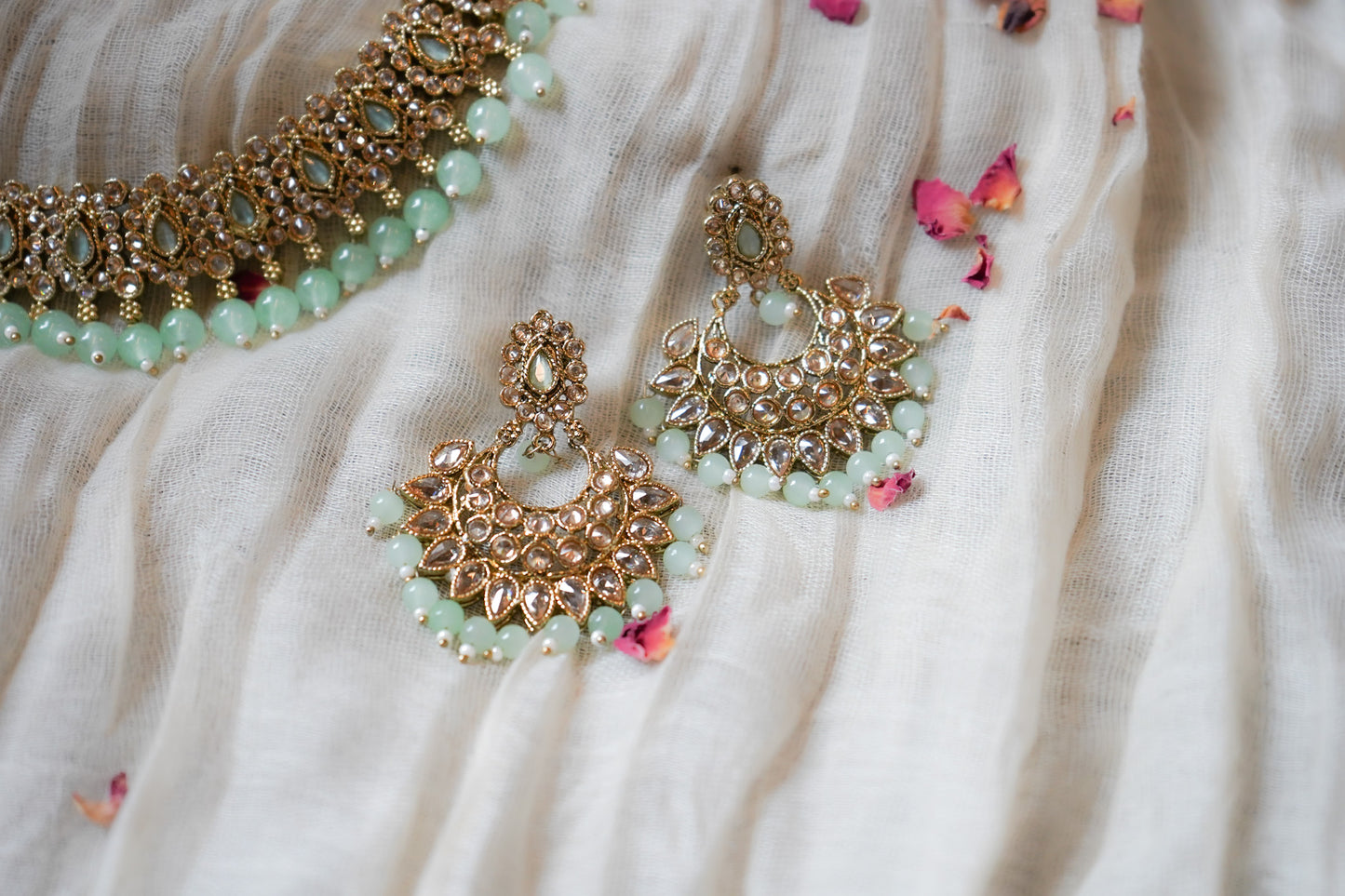 Gold-Plated Necklace Set with Mint Green Beads and Crystal Accents | Necklace, Earrings & Tikka