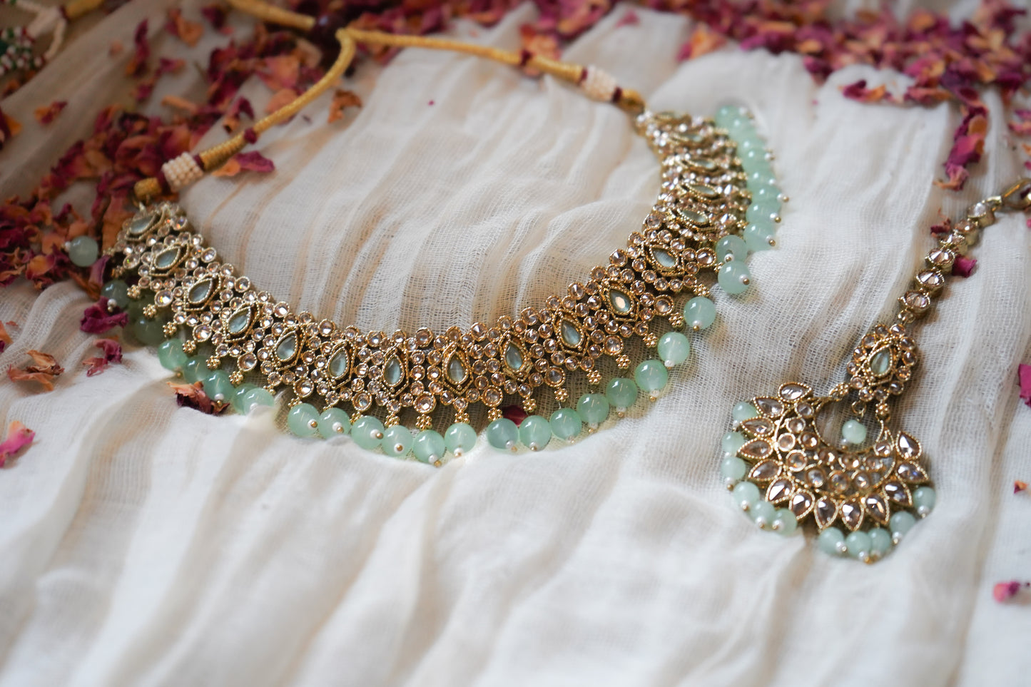 Gold-Plated Necklace Set with Mint Green Beads and Crystal Accents | Necklace, Earrings & Tikka
