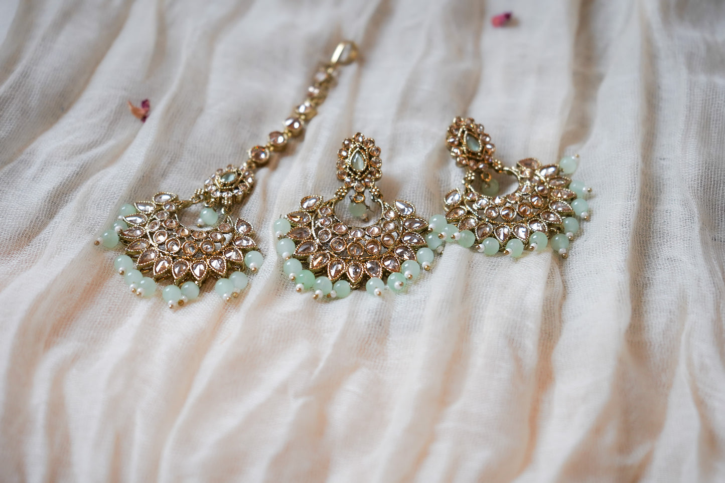 Gold-Plated Necklace Set with Mint Green Beads and Crystal Accents | Necklace, Earrings & Tikka