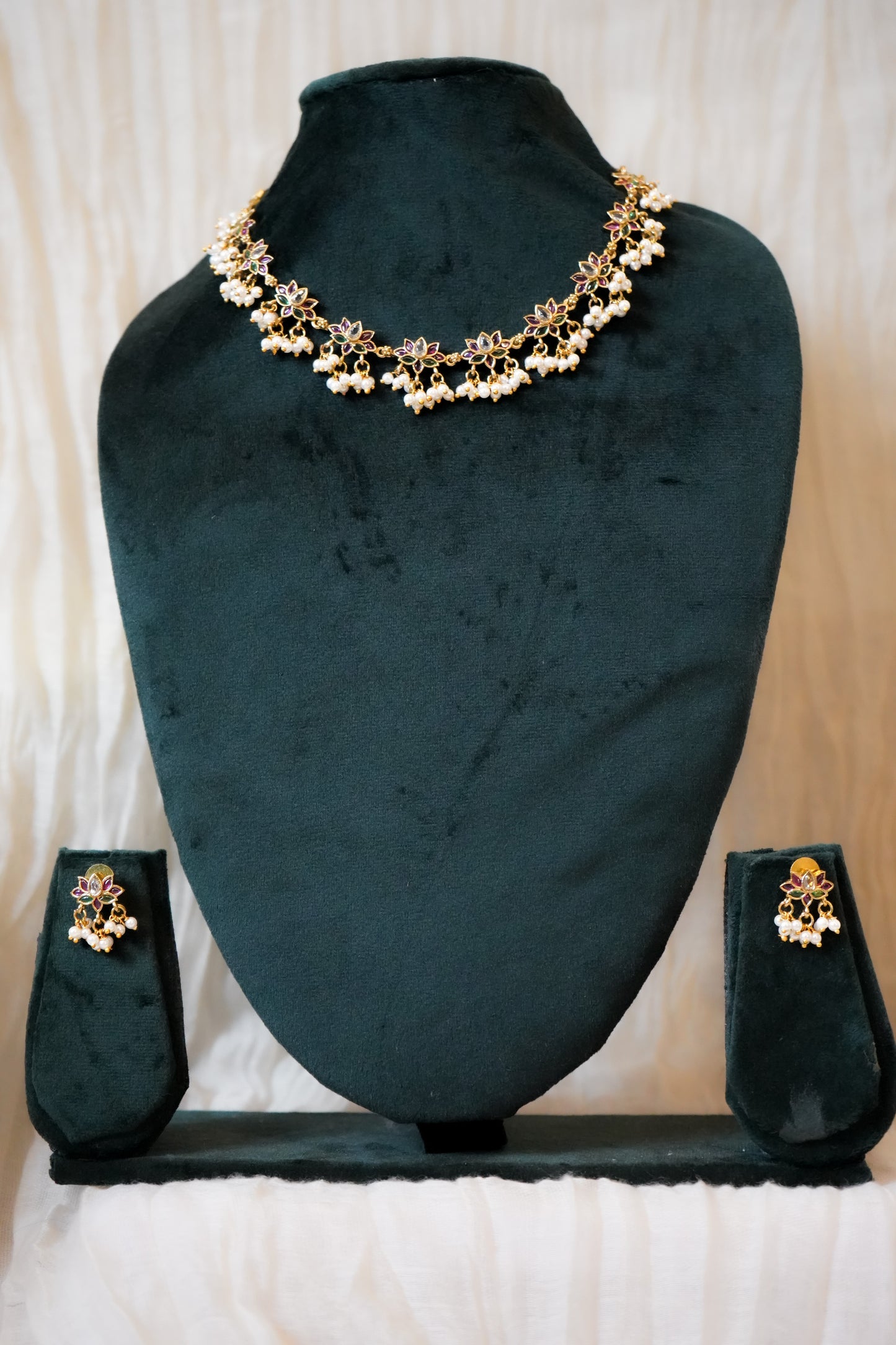 Lotus Pearl Necklace | Dainty Indian Floral Jewellery with Kundan & Pearls | Adjustable Festive Wedding Necklace
