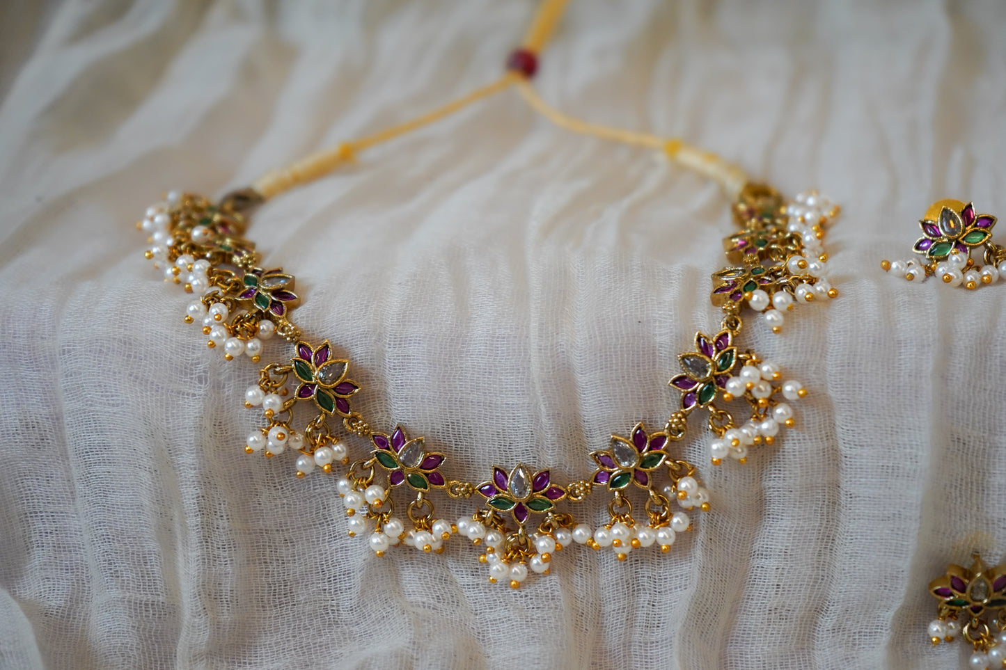 Lotus Pearl Necklace | Dainty Indian Floral Jewellery with Kundan & Pearls | Adjustable Festive Wedding Necklace