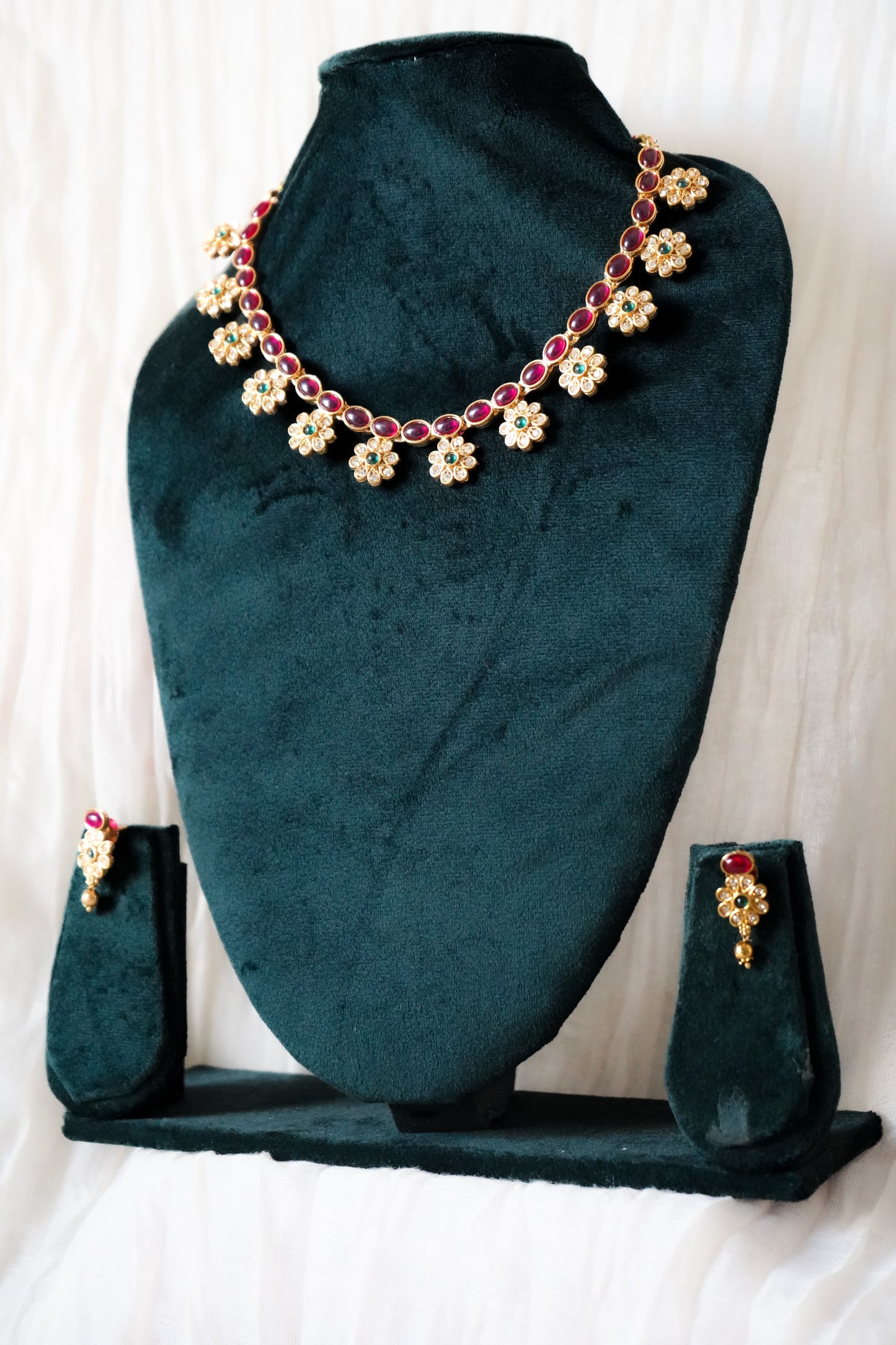 Gold-Plated Red Floral Necklace and Earrings Set