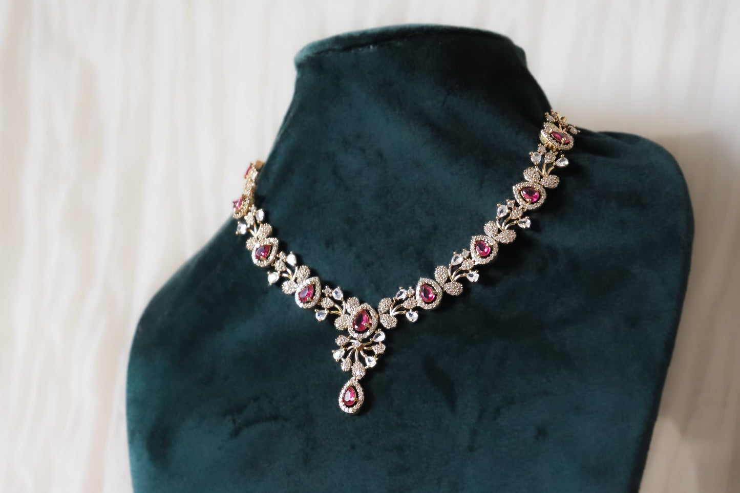 Gold-Plated Ruby Stone Necklace and Earrings Set