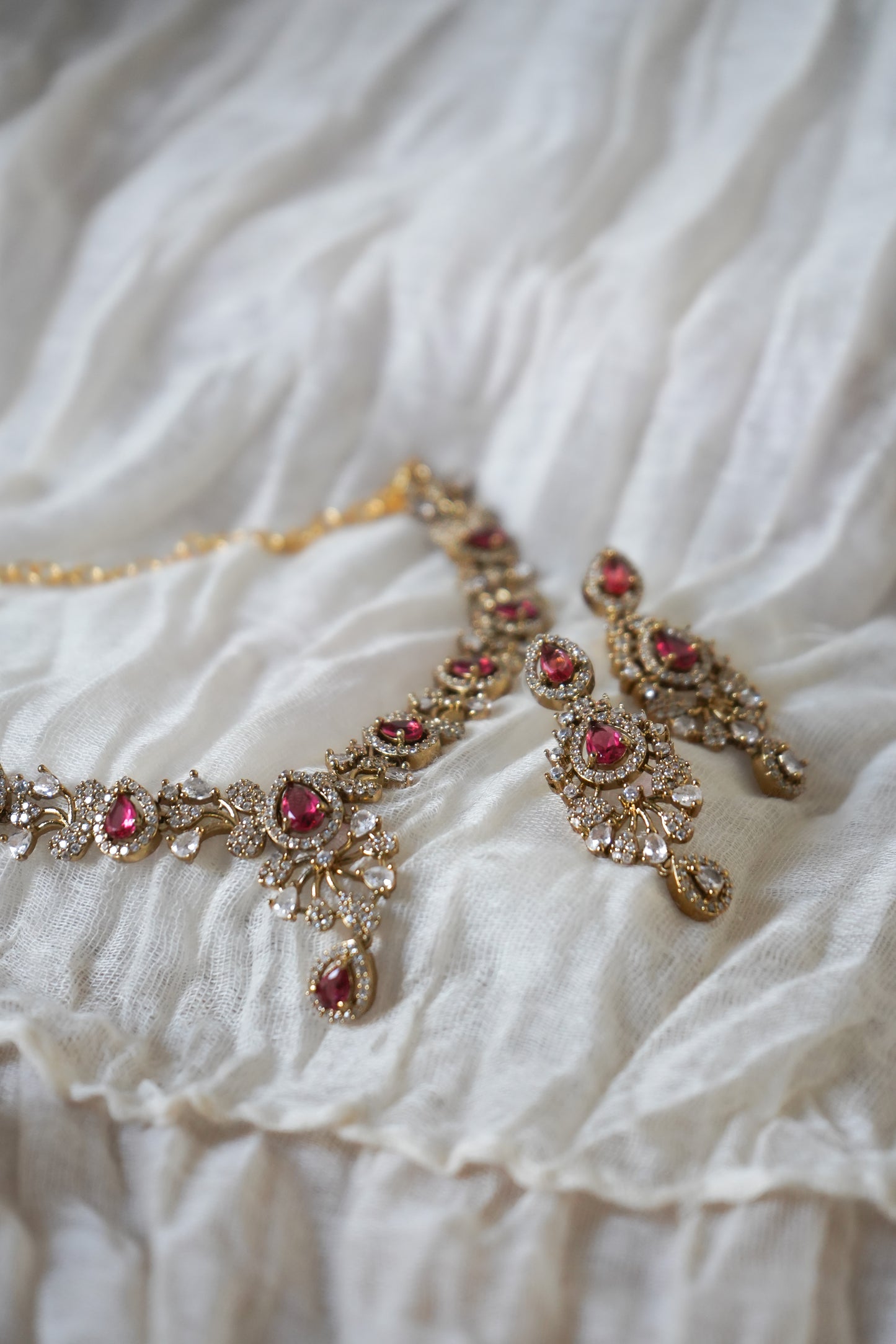 Gold-Plated Ruby Stone Necklace and Earrings Set
