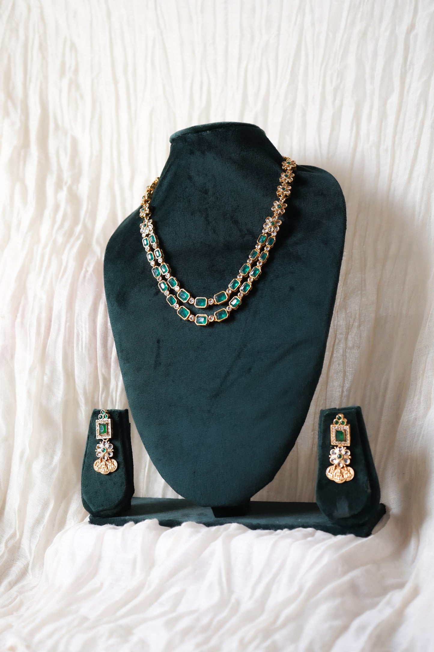 Two-Layer Green Stone Necklace with Coin Earrings | House of Kiraa