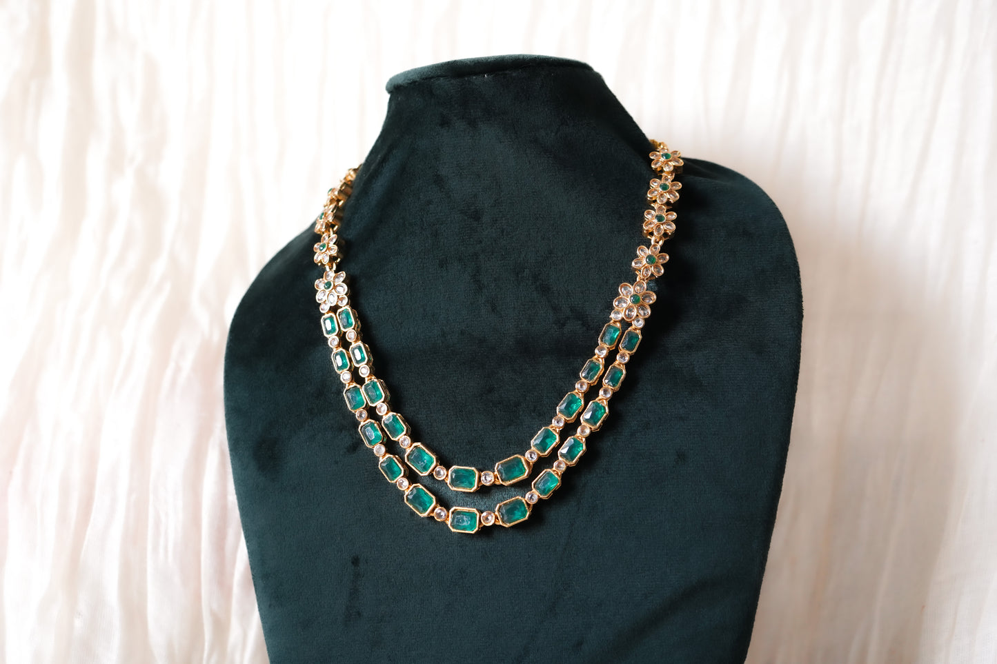 Two-Layer Green Stone Necklace with Coin Earrings | House of Kiraa