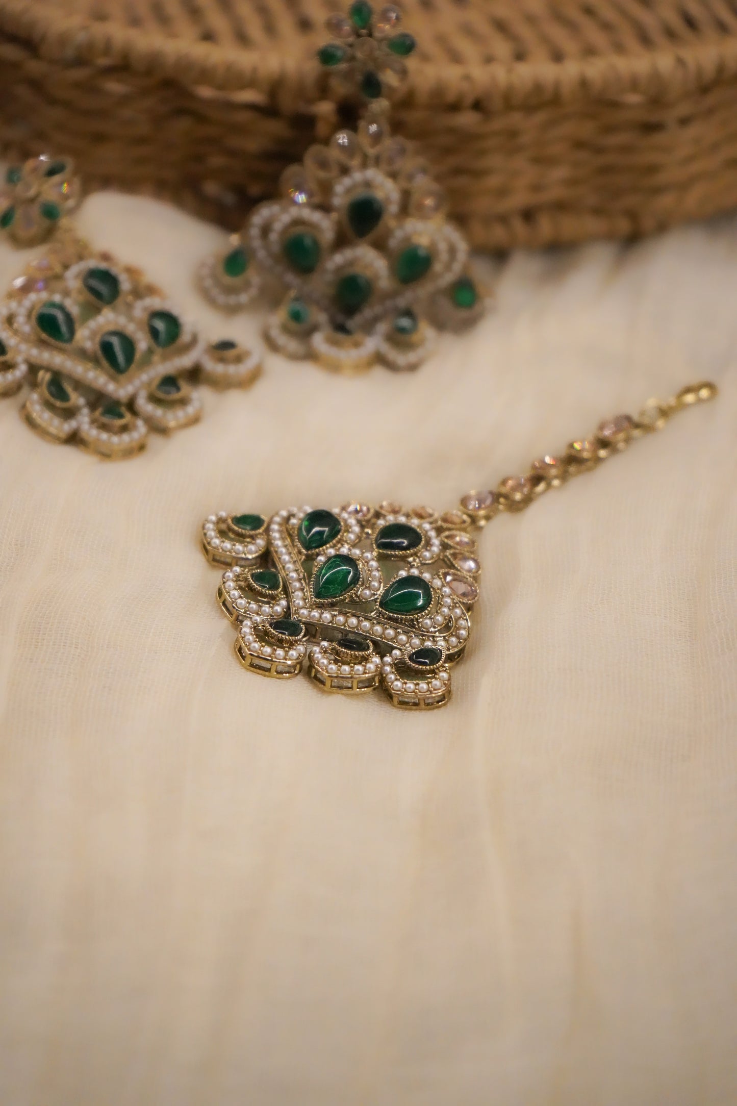 Green Stone & Pearl Jhumka Earrings with Matching Maang Tikka | House of Kiraa