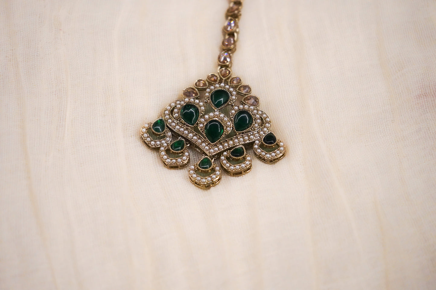 Green Stone & Pearl Jhumka Earrings with Matching Maang Tikka | House of Kiraa