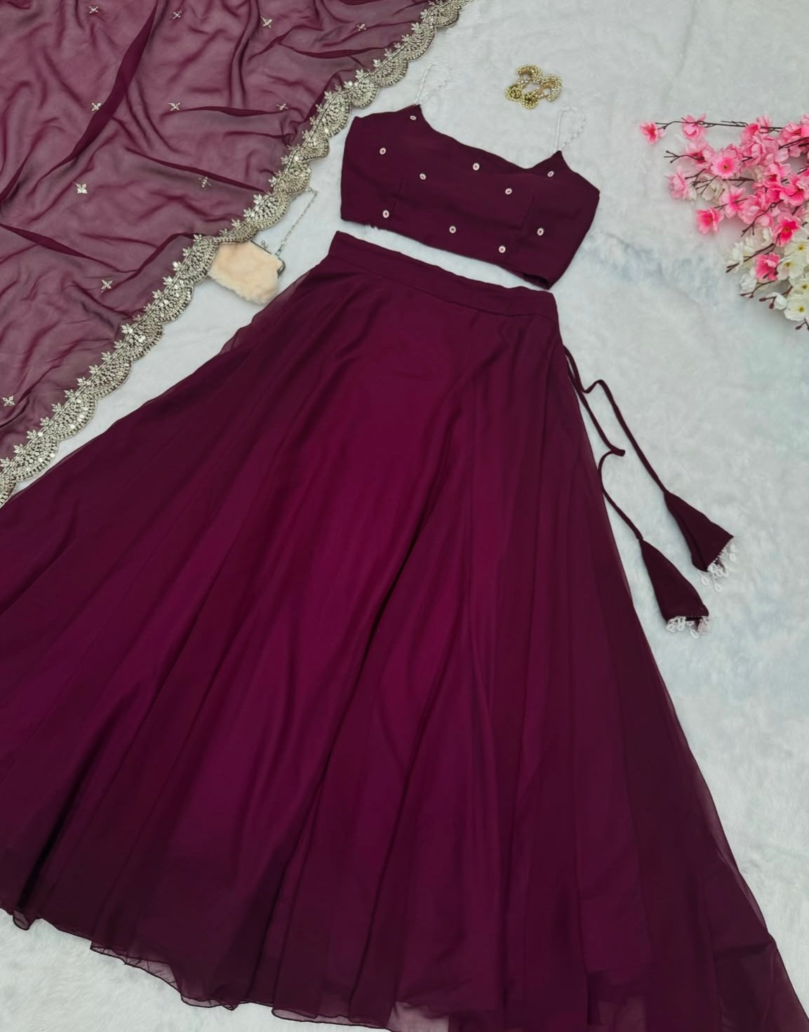 Georgette Lehenga Set with Pearl straps & silver embellishment