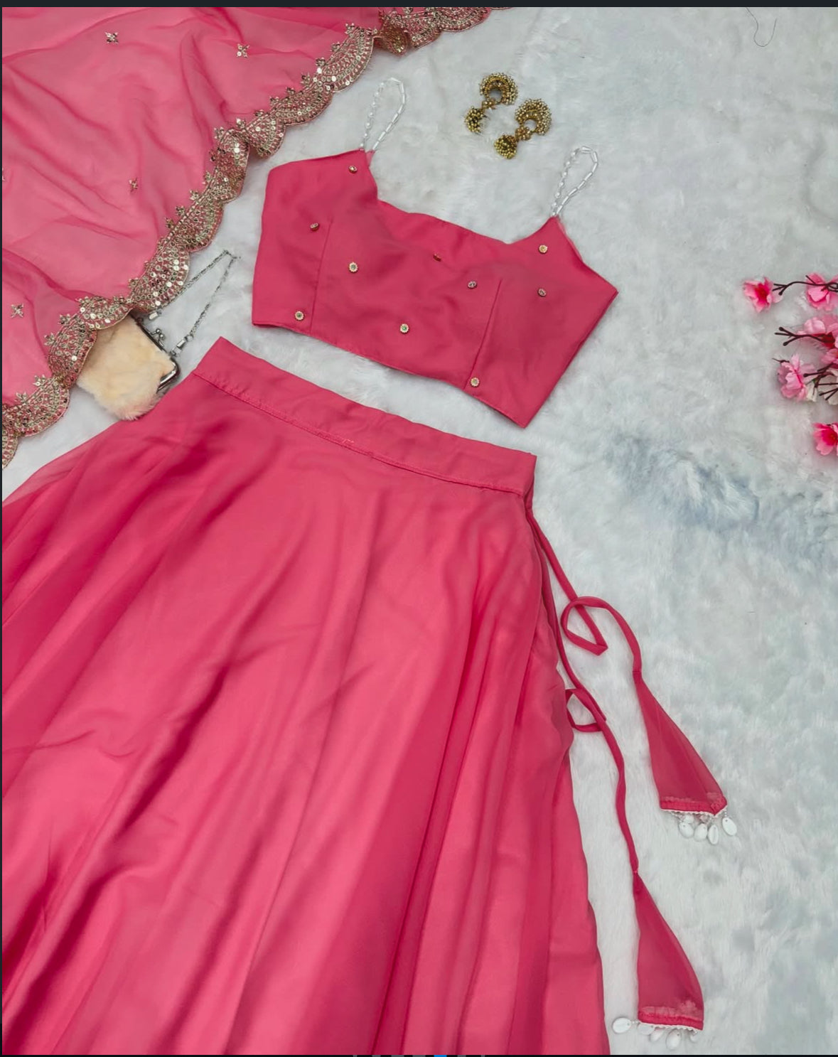 Georgette Lehenga Set with Pearl straps & silver embellishment