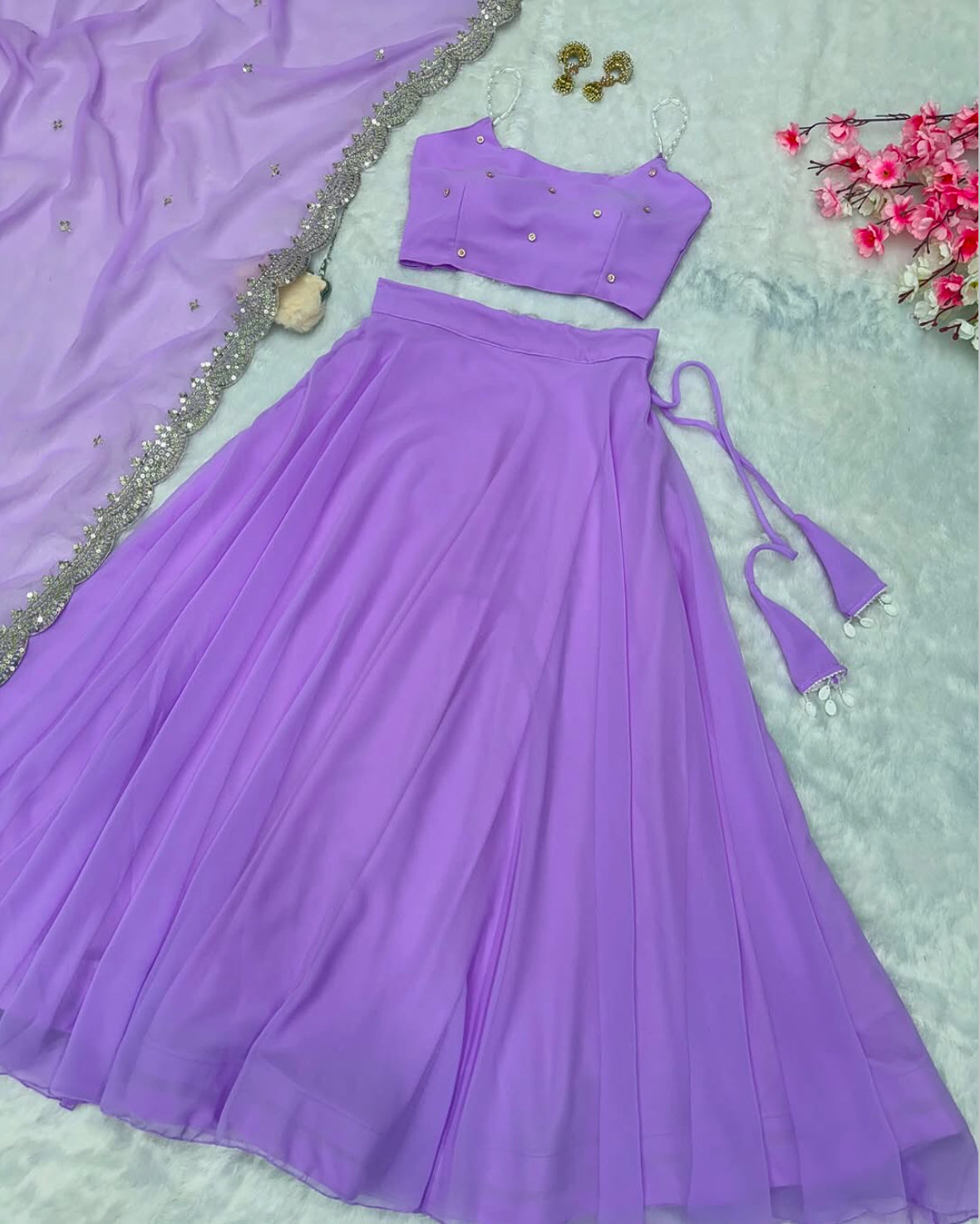 Georgette Lehenga Set with Pearl straps & silver embellishment