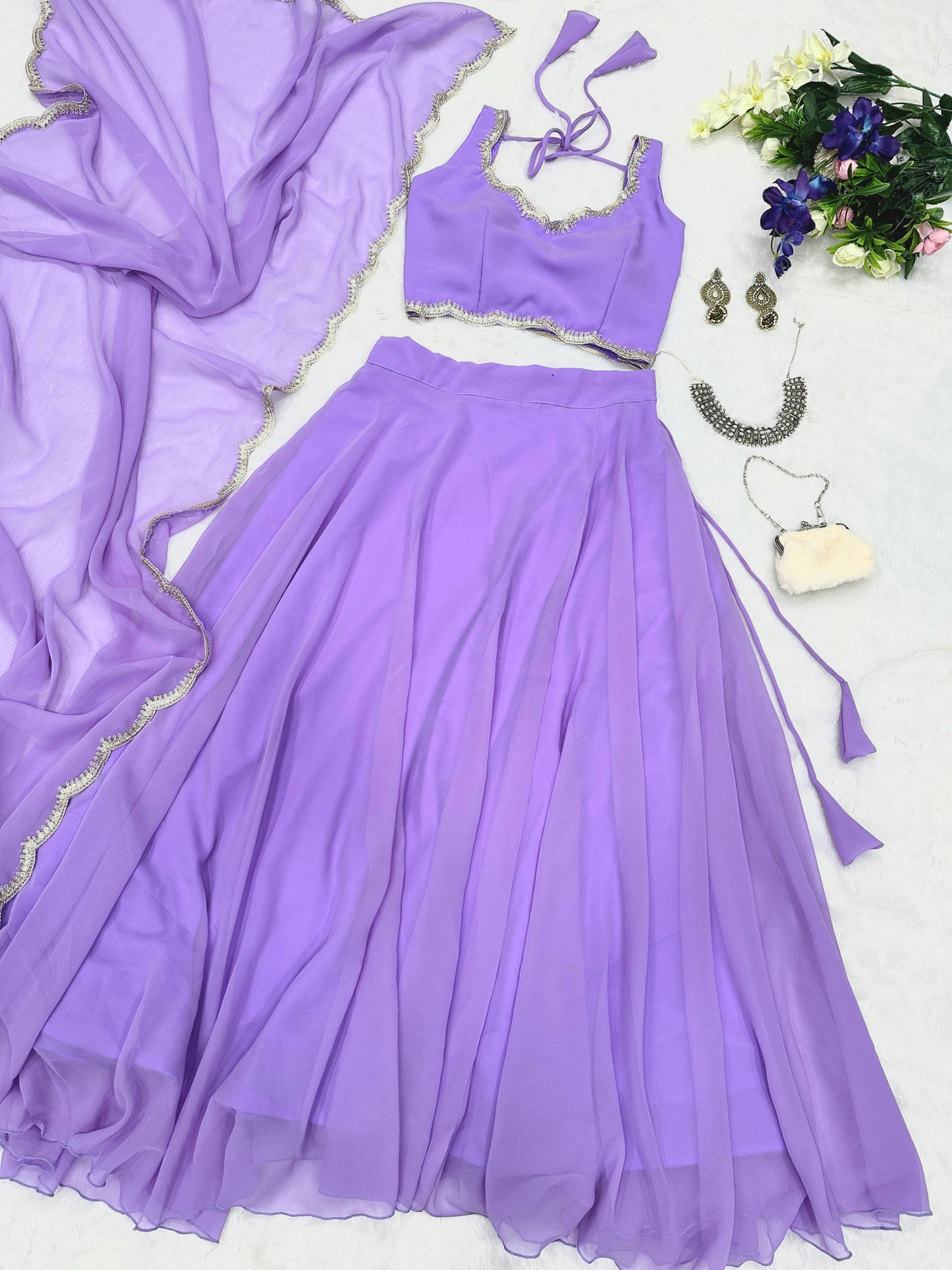 Georgette Lehenga Set with Hand-Embellished Edging