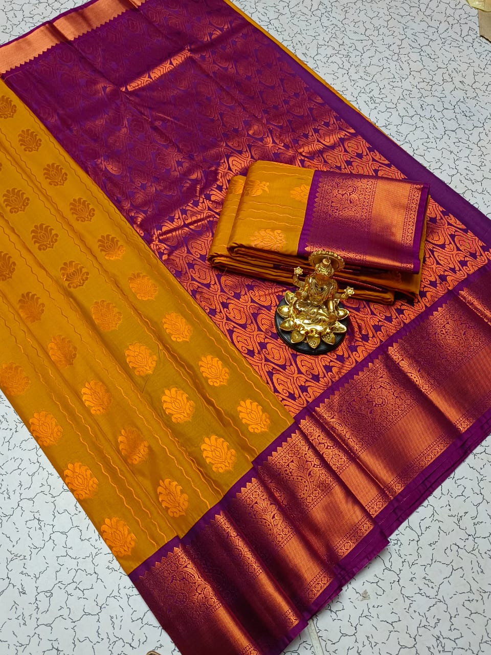 Dharmavaram Korvai Silk Saree – Sunrise tones, Mustard & Purple