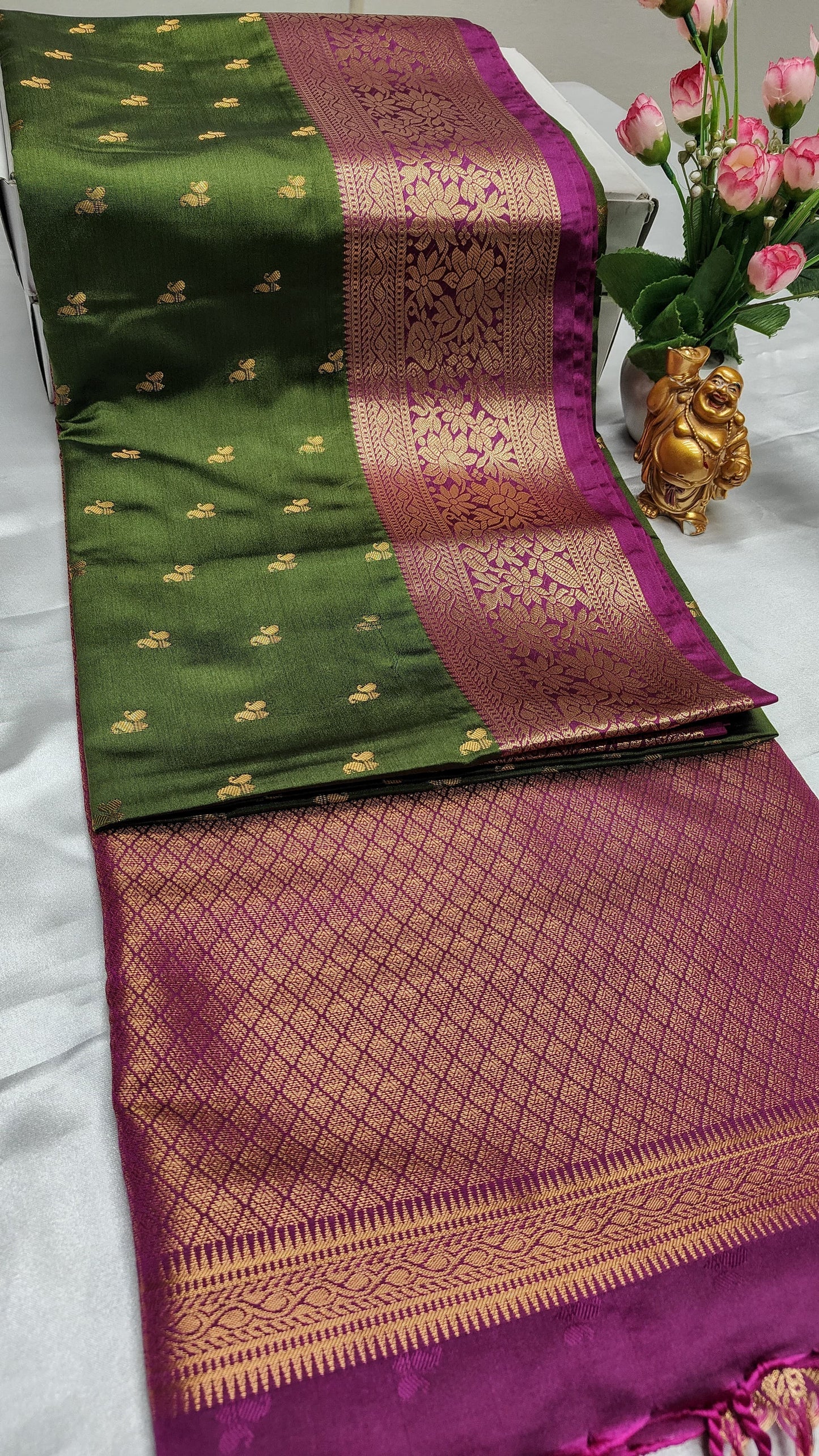 Luxury Soft Silk saree with Statement Border —Sage green, Magenta