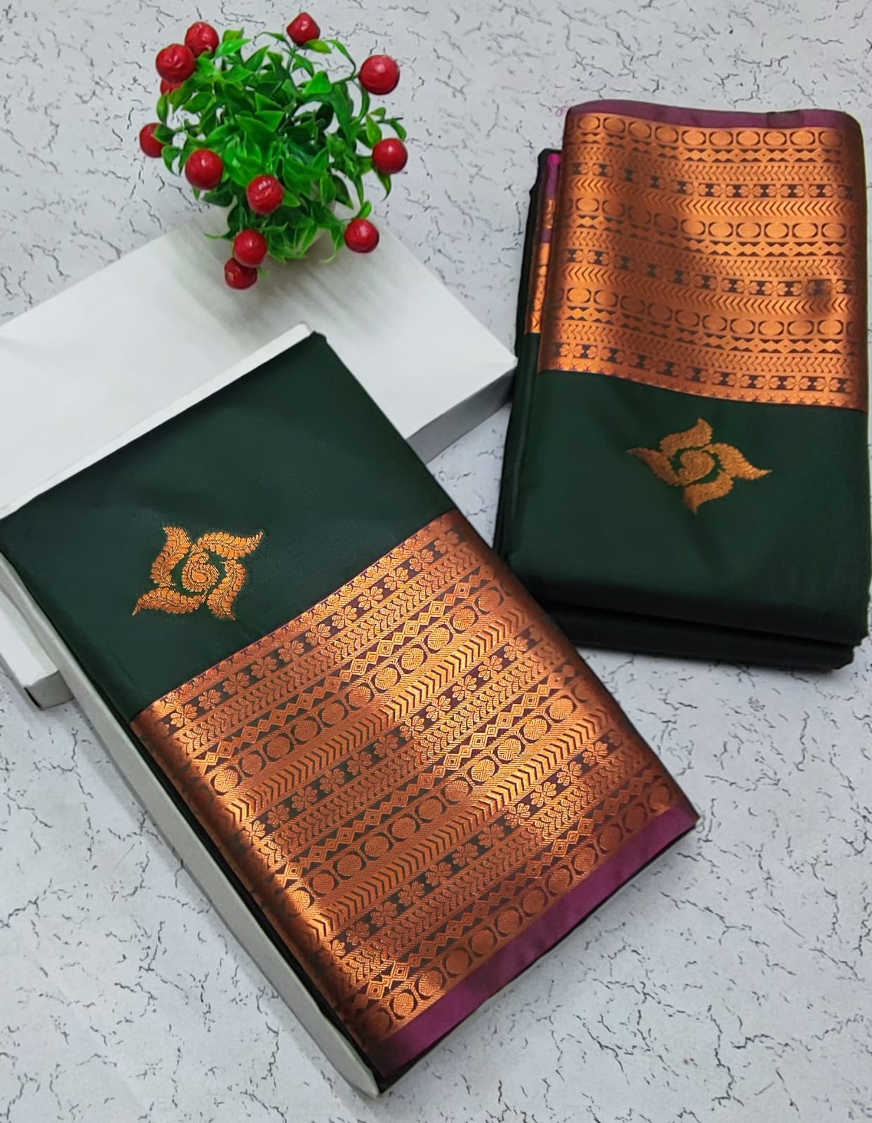 Dark Green Soft Silk Saree with Copper Zari