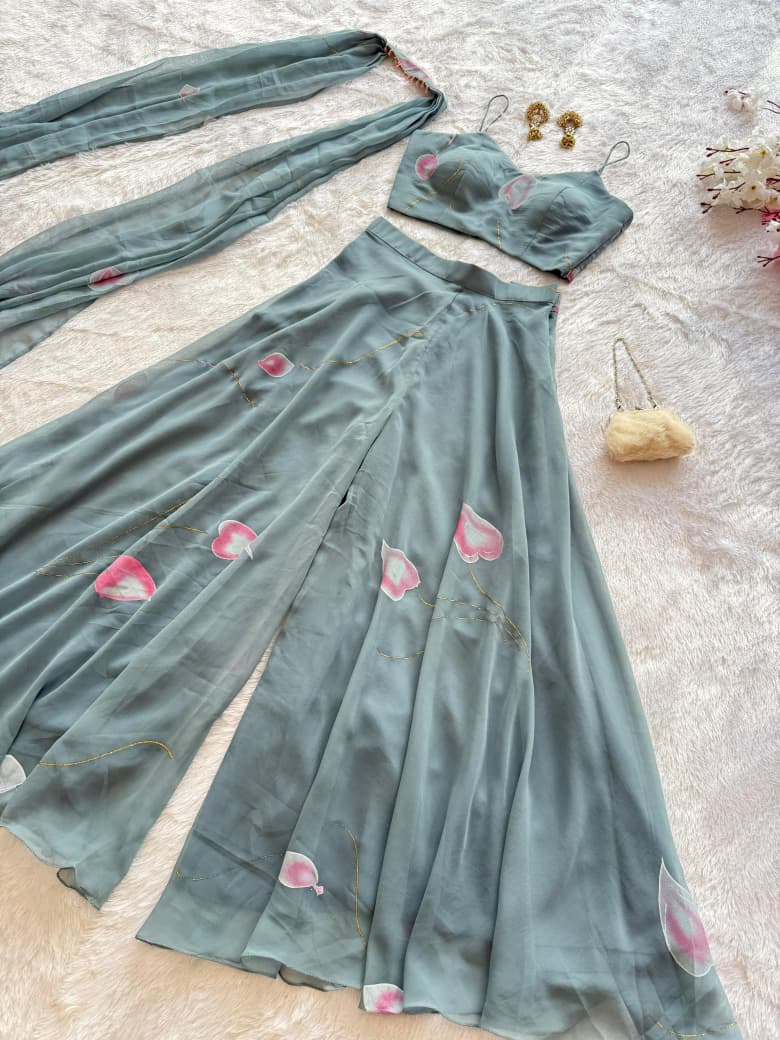 Hand-Painted Georgette Co-Ord Set – Palazzo, Blouse & Dupatta | House of Kiraa