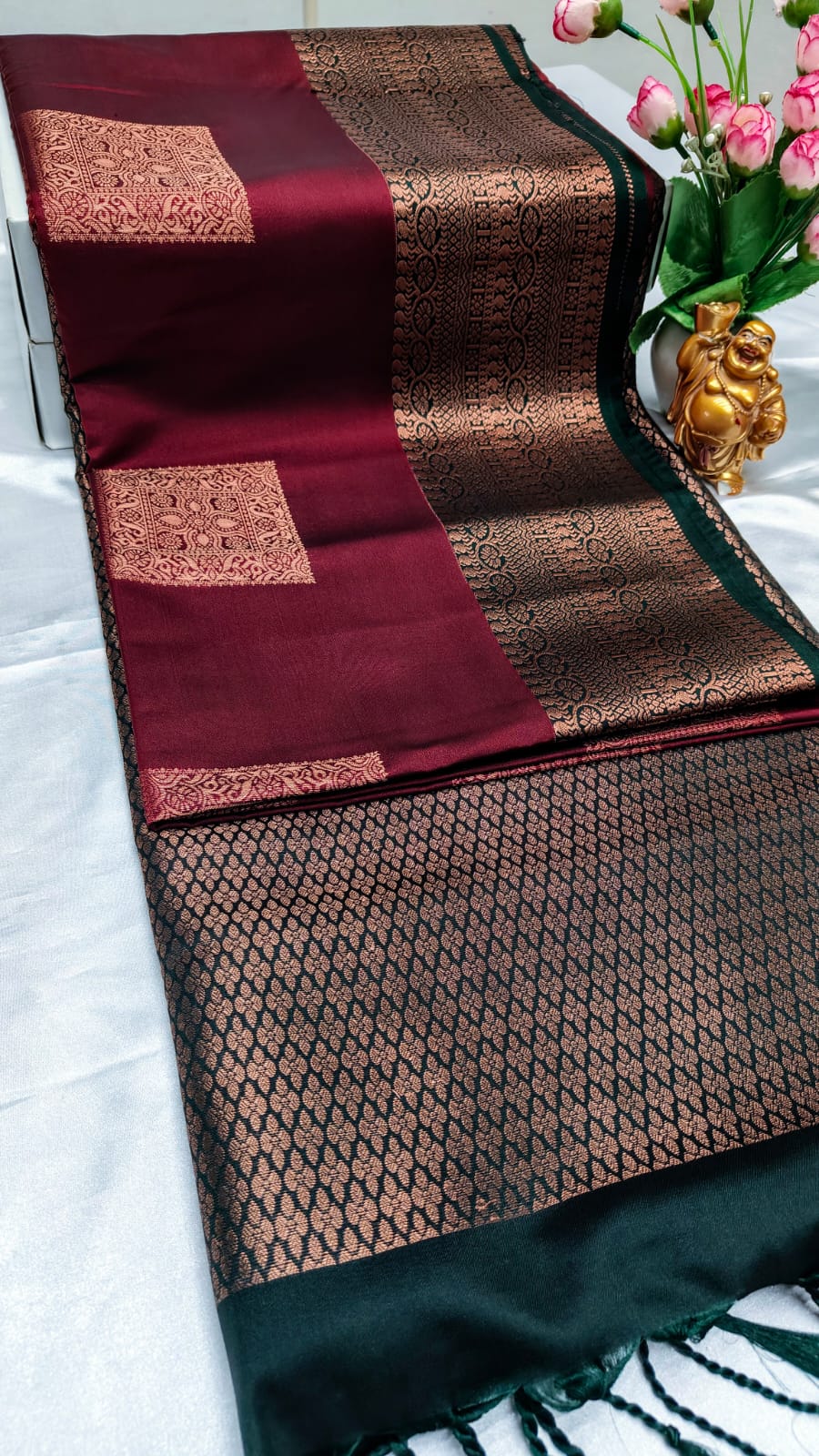 Luxury Soft Silk saree with Statement Border —Deep red, Forest green border