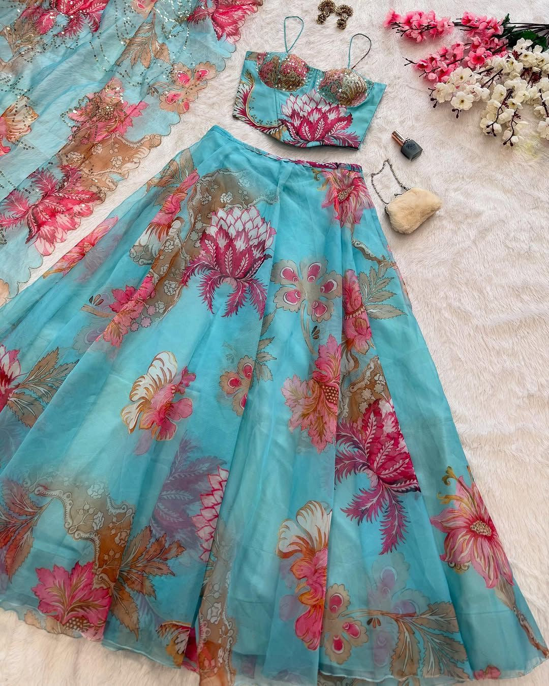Turquoise Floral Organza Corset Lehenga Set