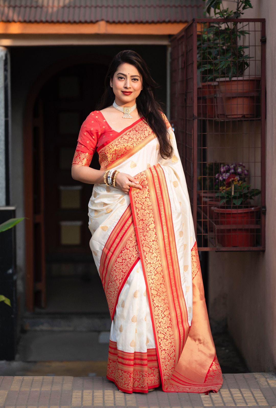 Stunning Off-White & Red Soft Silk Saree with Zari Woven Border and Pallu | Indian wear, Saree, South Indian Fashion