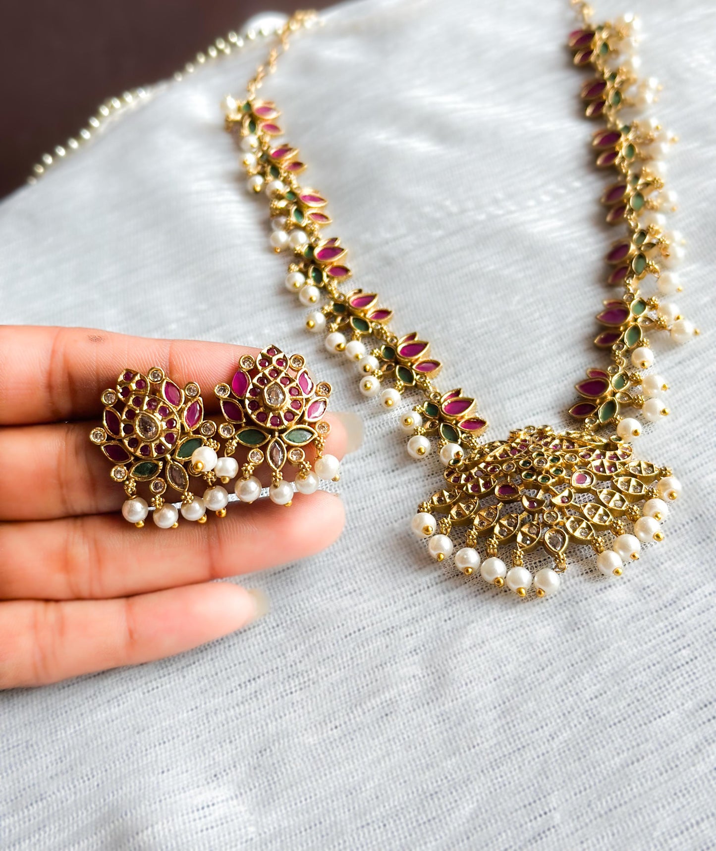 Lotus Motif Necklace & Earrings Set | Pearl Detailing | Traditional Jewellery
