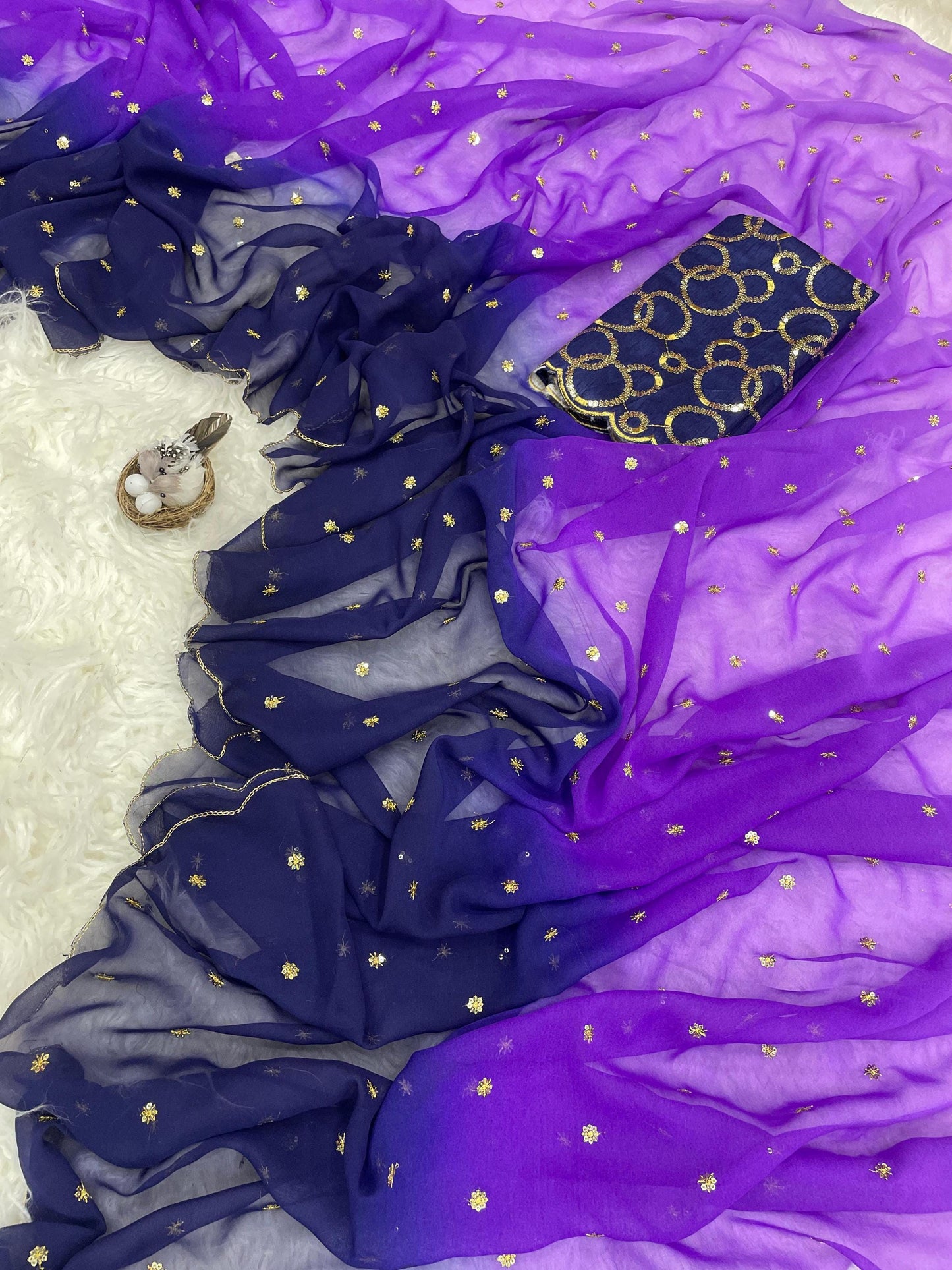 Purple Georgette Saree with Contrast Navy Blue Blouse | Golden Buti Embroidery | Festive & Wedding Wear