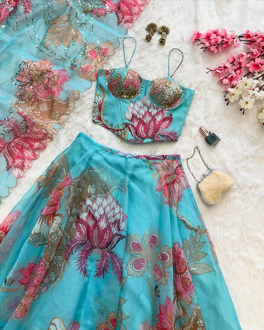 Turquoise Floral Organza Corset Lehenga Set