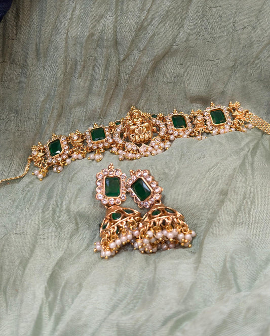 Lakshmi Goddess Choker Set with Green Stones and Pearl Detailing – Traditional South Indian Jewellery