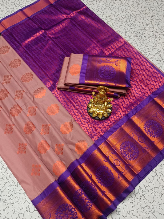 Dharmavaram Korvai Silk Saree – Dusky pink with purple border