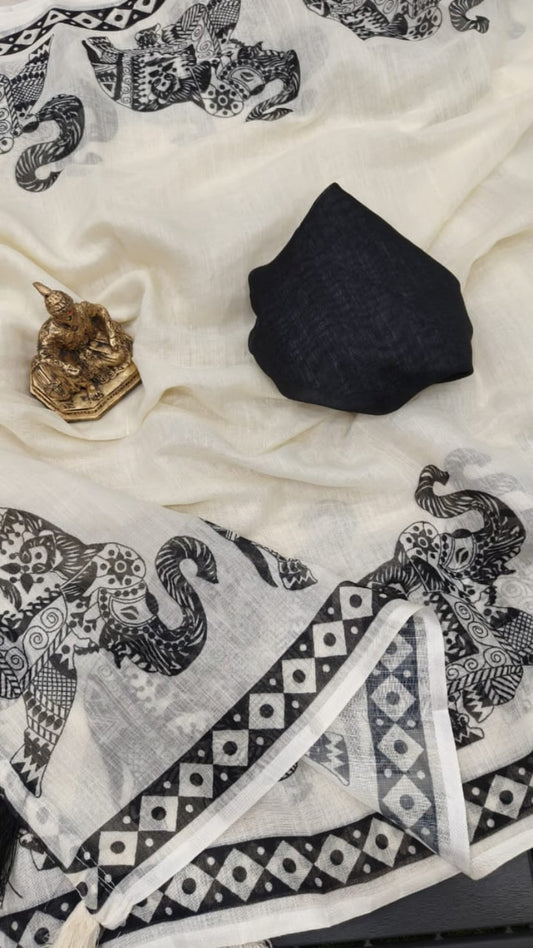 White & Black Linen Saree with Elephant Motifs