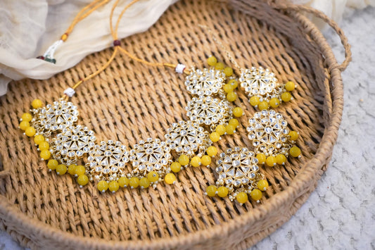 Yellow Beaded Kundan Necklace Set | Statement Indian Jewellery, Choker set