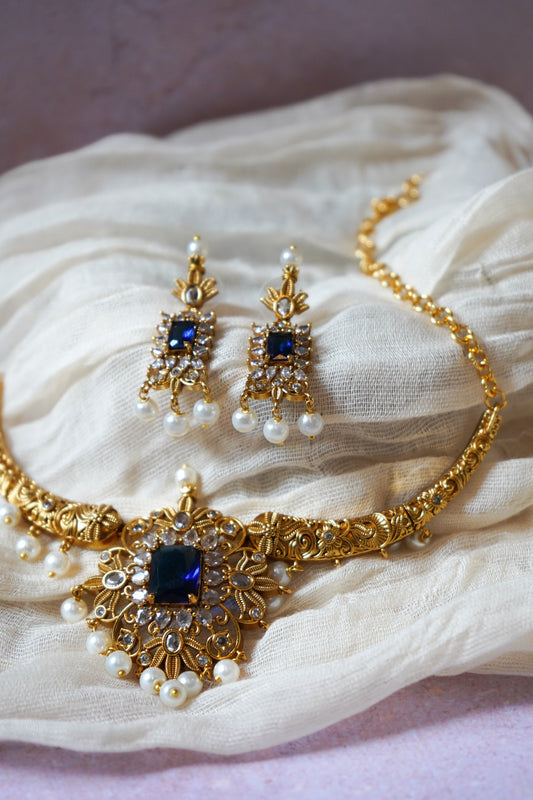 Gold-Plated Kundan Jewellery Set with Blue Stone & Pearls | Necklace and Earring