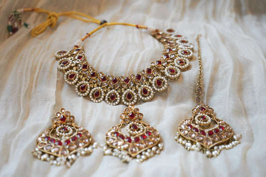 Gold-Plated Necklace Set with Deep Red Stones and Pearl Bead Detailing