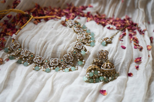 Polki Kundan Necklace Set with Green Beads | Indian Jewellery