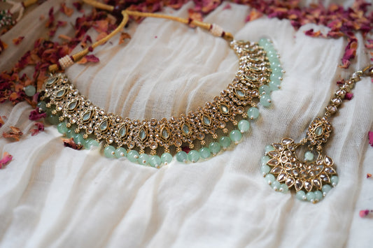 Gold-Plated Necklace Set with Mint Green Beads and Crystal Accents | Necklace, Earrings & Tikka