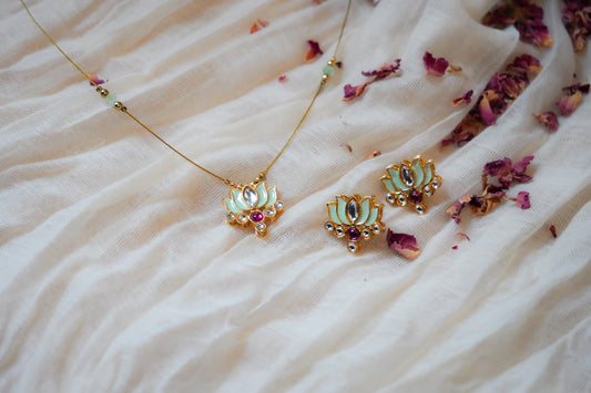 Pastel Lotus Motif Necklace Set – Wire Chain with Matching Earrings | House of Kiraa